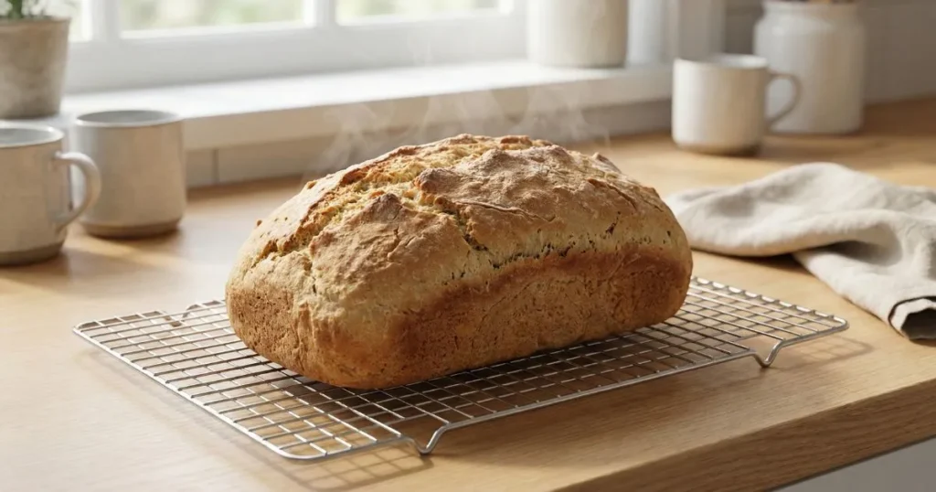 Freshly baked gluten-free bread loaf resting on a wire cooling rack.