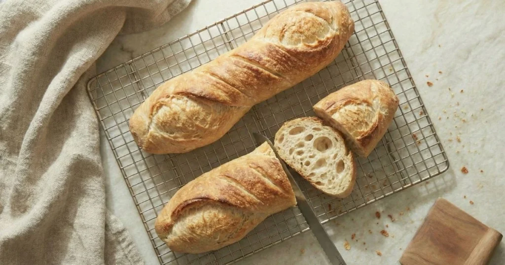freshly baked French bread cooling on a wire rack, one loaf sliced open showing airy crumb, golden crust with crumbs scattered.