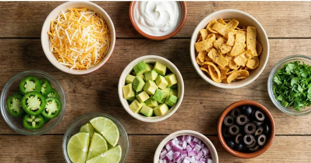Shredded cheddar cheese or Mexican blend Sour cream or Greek yogurt Crushed tortilla chips or Fritos Fresh cilantro, chopped Diced avocado or guacamole Sliced jalapeños (fresh or pickled) Lime wedges Diced red onion Sliced black olives