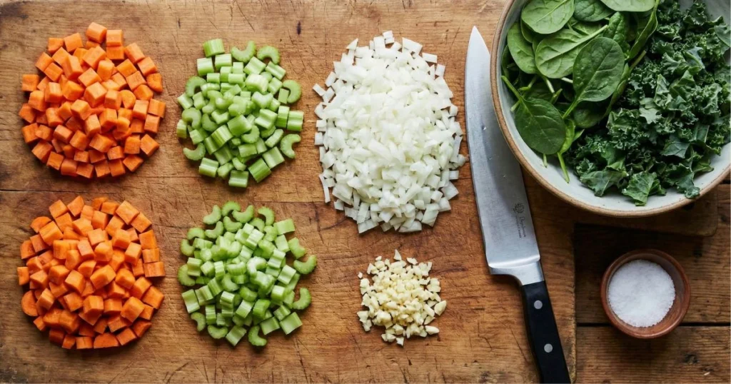 2 medium carrots, diced evenly 2 celery stalks, diced 1 medium onion, finely chopped 3 garlic cloves, minced 2 cups fresh spinach