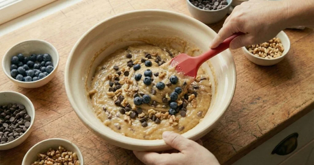 female hands using a red silicone spatula to gently fold chocolate chips, chopped walnuts, and fresh blueberries into the thick, golden-brown banana bread batter in the large cream-colored ceramic mixing bowl. The add-ins are partially incorporated, showing swirls of chocolate chips, nut pieces, and whole blueberries throughout the batter. Three small white prep bowls nearby contain remaining chocolate chips, chopped walnuts, and fresh blueberries.