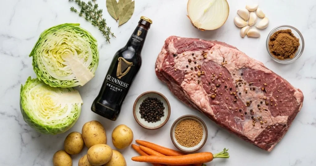A bright, clean overhead flat-lay of all raw ingredients for slow cooker corned beef and cabbage arranged artfully on a white marble surface — raw brisket, halved green cabbage, whole carrots, Yukon Gold potatoes, yellow onion, garlic cloves, fresh thyme, bay leaves, whole peppercorns, a bottle of Guinness stout, and small bowls of mustard seeds and brown sugar