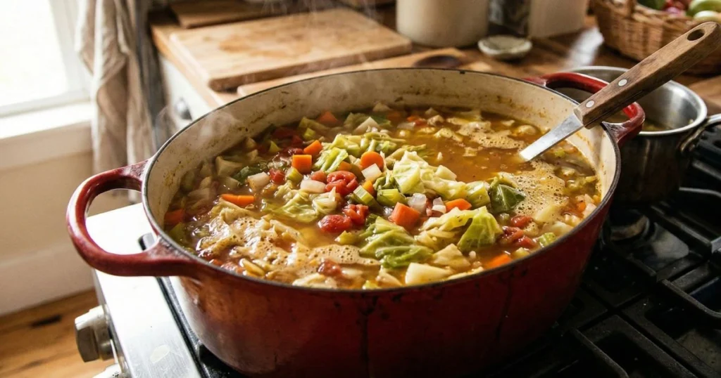 a large Dutch oven filled with cabbage soup simmering on the stove. Visible chunks of cabbage, carrots, and tomatoes in broth. Gentle bubbles on the surface. Pot handle and kitchen background slightly blurred.