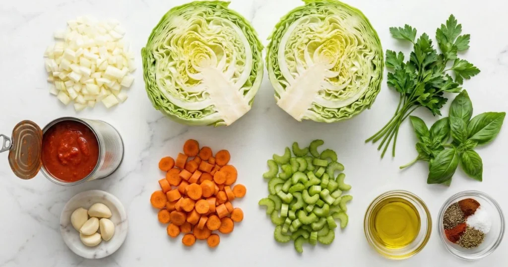 fresh ingredients for cabbage soup neatly arranged on a white marble countertop: one head of green cabbage cut in half, diced onions, sliced carrots, chopped celery, garlic cloves, canned tomatoes, fresh herbs (basil and parsley), and small glass bowls containing olive oil and spices.