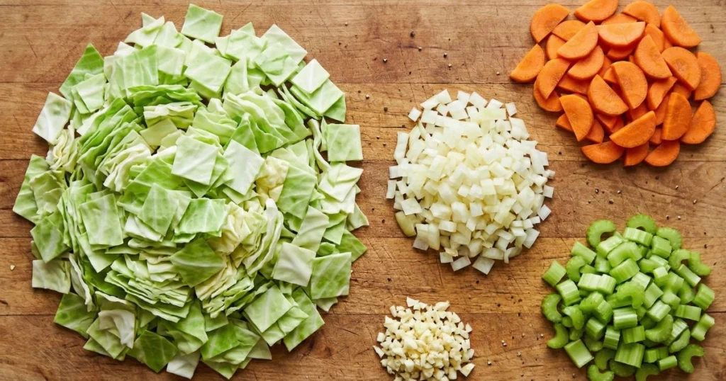 1 medium head green cabbage (about 2 pounds), chopped into 1-inch pieces 1 large yellow onion, diced 3 medium carrots, sliced into half-moons 3 celery stalks, chopped 4 cloves garlic, minced