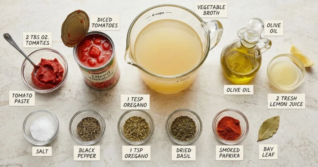 6 cups of low-sodium vegetable broth (you can substitute with chicken broth if preferred) One 14.5-ounce can of diced tomatoes, including the juices 2 tablespoons tomato paste 2 tablespoons olive oil 1 teaspoon dried oregano 1 teaspoon dried basil ½ teaspoon smoked paprika 1 bay leaf Salt and black pepper to taste 2 tablespoons fresh lemon juice