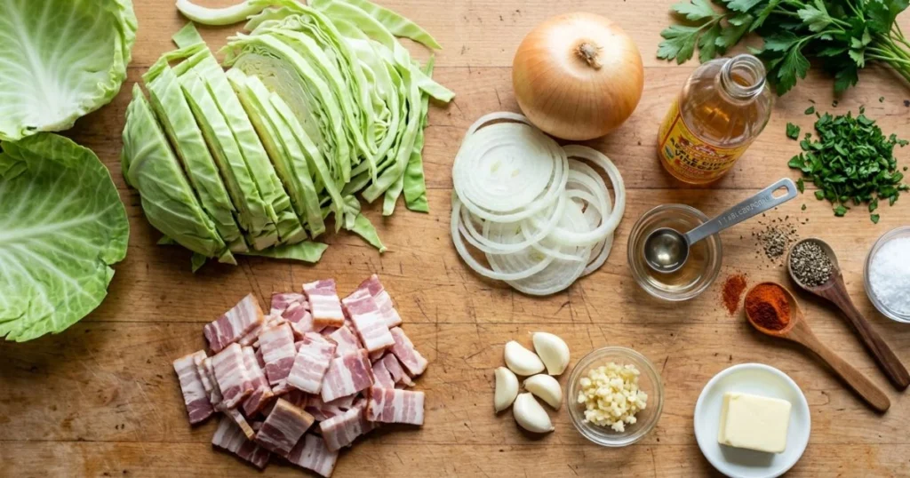A wooden board displaying fresh ingredients for cooking: a partially sliced head of green cabbage, a pile of chopped raw bacon, sliced onions, minced garlic, a pat of butter, apple cider vinegar, fresh parsley, and small spoons holding salt, pepper, and paprika.