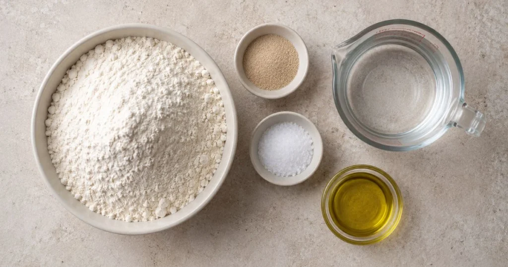 Top-down view of ciabatta bread ingredients arranged neatly on a light stone surface, including a large bowl of flour, small bowls of instant yeast and salt, a glass measuring cup of warm water, and olive oil in a small glass container.